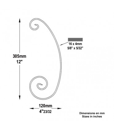 Volute en C 305x120mm en plat de 16x4mm acier asymétrique avec extr